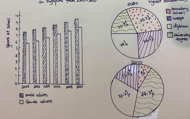 The bar chart illustrates the number of years at school of two sex in Singaporean, whereas the pie chart depicts the educational levels between 2000 to 2010.