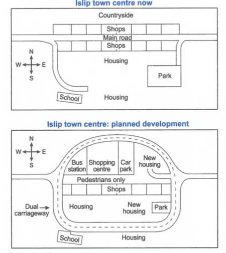 The given maps illustrate the structure of Islip town at present and what it will look like after developing in the future.