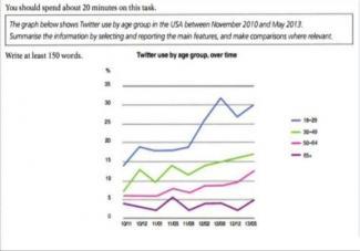 The graph below shows Twitter use by age group in the USA between November 2010 to May 2013. Summarize the information by selecting and reporting main features, and make comparisons where relevent.