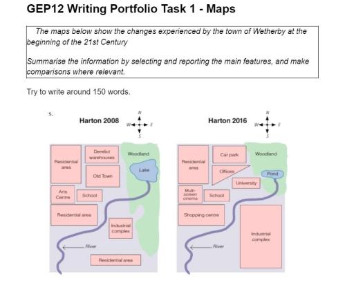 The maps below show the changes experienced by the town of Harton at rhe beginning of the 21st Century. Summarize the information by selecting and reporting the main features and make comparisons where necessary.