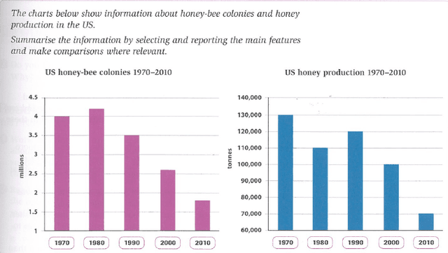 The charts give information about honey-bee colonies and honey production in the US