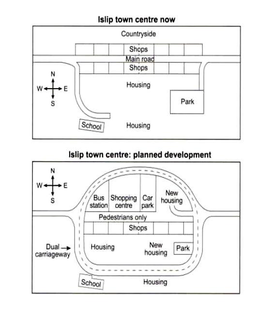 The maps below show the centre of a small town called Islip as it is now, and plans for its development Summarise the information by selecting and reporting the main features, and make comparisons where relevant