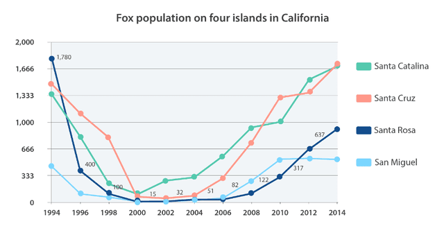 The graph below shows the population of foxes on four different Californian islands between 1994 and 2014. Summarise the information by selecting and reporting the main features and make comparisons where relevant