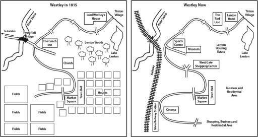 The two maps below show the changes that have taken place in the town of Westley since 1815. Summarise the information by selecting and reporting the main features, and make comparisons where relevant.1.