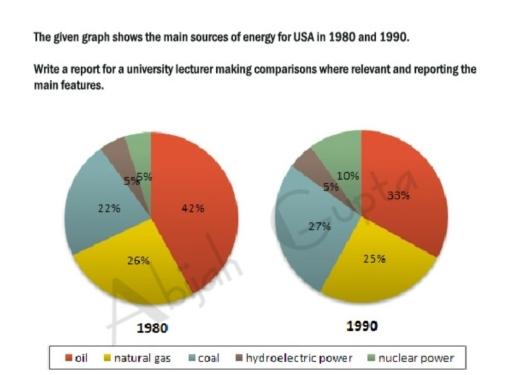 The given charts show the main sources of energy in the USA in 1980 and 1990. where relevant. Write a report for a university lecturer reporting the main features and making comparisons.