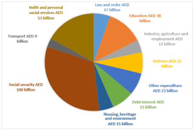 ▪️The chart below shows how much money is spent in the budget on different sectors by the UAE government in 2000. ▪️Summarise the information by selecting and reporting the main features, and make comparisons where relevant.