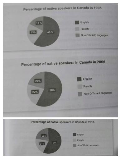 The pie charts below show the number of native speakers of different languages in Canada in 1996,2006 and 2016. Summatise the information by selecting and reporting the main features and make comparisions where relevant.