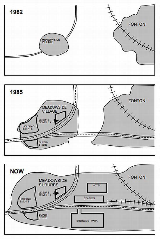The maps show changes in the village of Meadowside and the town of Fonton from 1962 to now. Assel