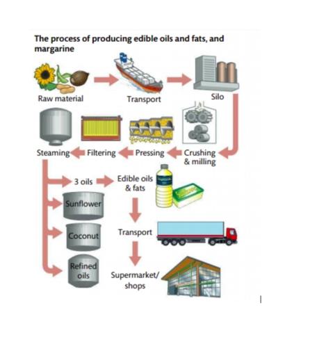 The diagram below shows the process of producing edible oils and fats, and margarine. Summarise the information by selecting and reporting the main features, and make comparisons where relevant.