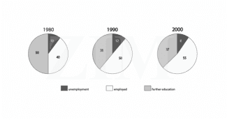 The charts show what Australian school leavers did immediately after leaving secondary school. Summarize the information by selecting and reporting the main features, and make comparisons where relevant.