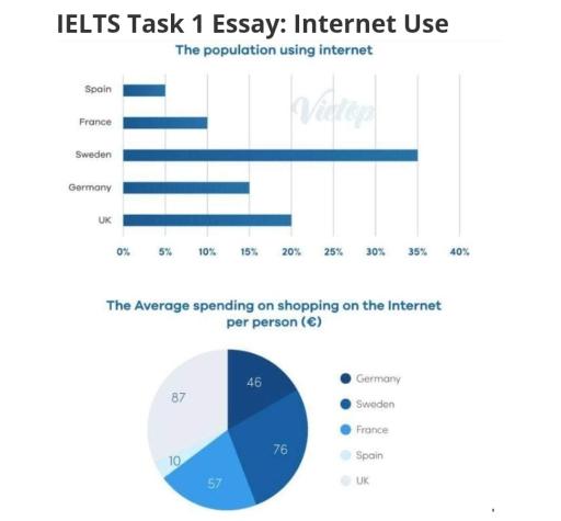 The bar and pie charts below illustrate how many people use the internet and the average amount of money spent on the internet in five different countries.