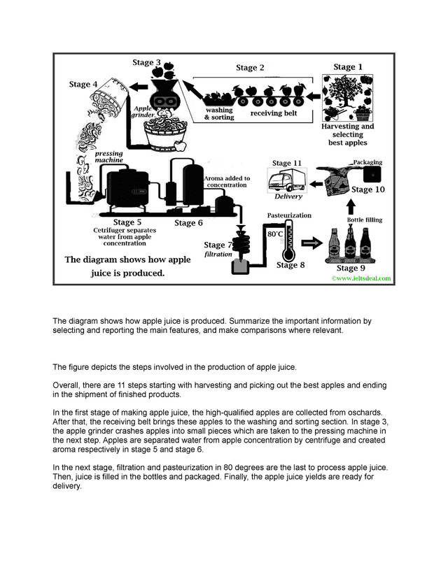 The diagram below shows how apple juice is produced. 

Summarize the information by selecting and reporting the main features, and make comparisions where relevant.