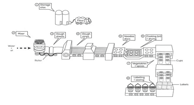 The diagram below shows how instant noodles are manufactured. 

Summarise the information by selecting and reporting the main features，and make comparisons where relevant.