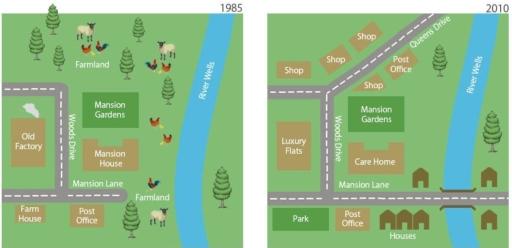 The maps show the changes in the village of Wells-on- the Water in the UK between 1985 and 2010.