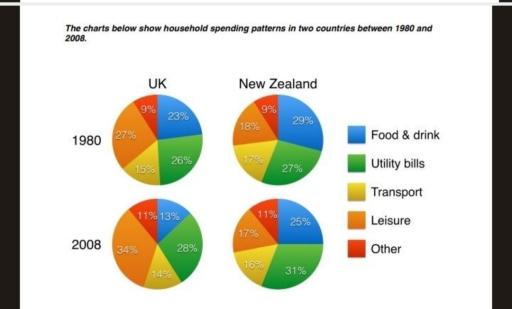 The charts below show household spending patterns in two countries between 1980 and 2008.