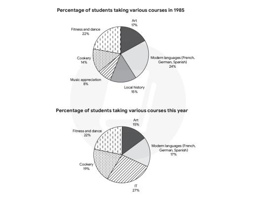 The charts below show the percentage of students at an adult education centre taking various courses offered in 1985 and this year.Summarise the information by selecting and reporting the main features, and make comparisons where relevant.