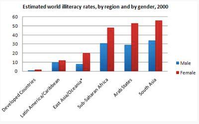 The bar chart below shows estimated world illiteracy rates by region and by gender for the last year. Summarise the information by selecting and reporting the main features, and make comparisons where relevant.
