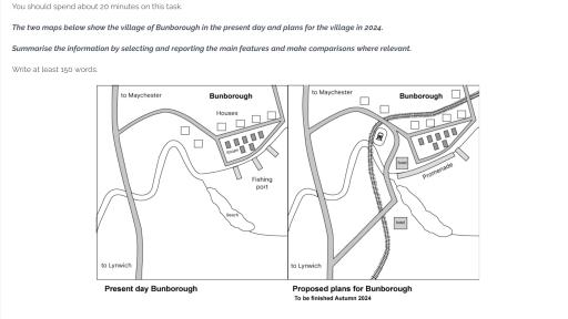 The two maps below show the village of Bunborough in the present day and plans for the village in 2024. Summarise the information by selecting and reporting the main features and make comparisons where relevant.