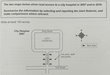 The two maps give information about the road's condition to a city hospital in the years 2007 and 2010.