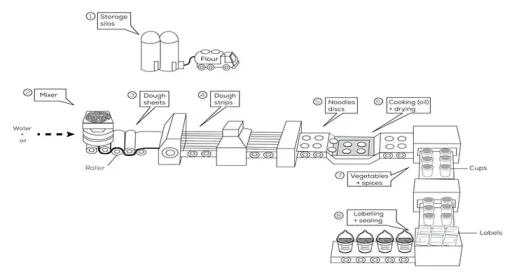The diagram below shows how instant noodles are manufactured. Summaries the information by selecting and reporting the main features, and make comparisons where relevant.