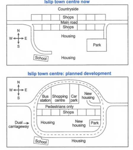 The maps below show the centre of a small town called Islip as it is now, and plans for its development. Summarise the information by selecting and reporting the main features, and make comparisons where relevant. Islip town centre now Countryside Shops Main road Shops Housing E Park School Housing Islip town centre: planned development W E Dual-» carriageway Bus Shopping Car station centre park Pedestrians only Shops Housing New housing New housing Park School Housing