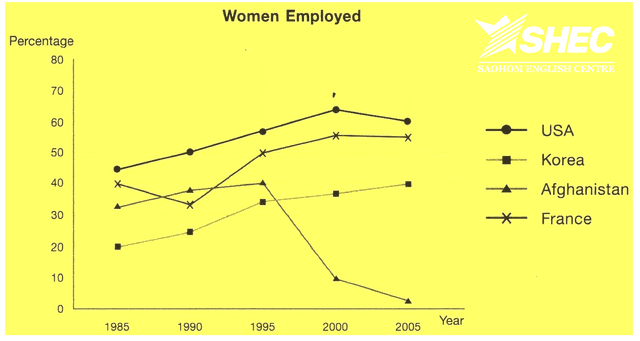 You should spend no more than 20 minutes on this task. This line graph shows the percentage of women who were employed in four countries from 1985 to 2005. Write a report for a university lecturer describing the information.