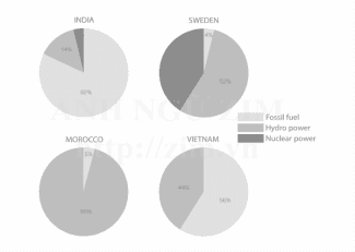 The charts show the sources of electricity produced in 4 countries between 2003 and 2008. Summarize the information by selecting and reporting the main features, and make comparisons where relevant.