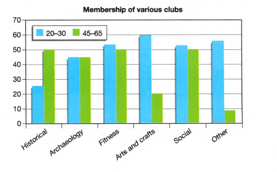 Bar chart. 

The bar chart illustrates information about how two age groups of adults participate in different clubs by showing the number of people.