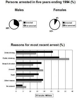 the charts below show the males and females arrested over 5 years and the reasons for the most recent arresets.