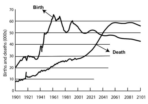 The graph below gives information about changes in the birth and death rates in New Zealand between 1901 and 2101