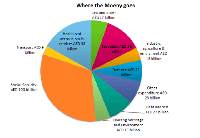 The pie chart gives information on UAE government spending in 2000. The total budget was AED 315 billion. Summarise the information by selecting and reporting the main features, and make comparisons where relevant.