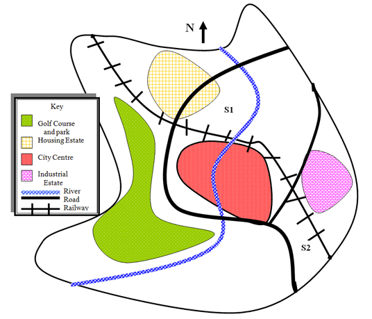 Below is a map of the city of Brandfield. City planners have decided to build a new shopping mall for the area, and two sites, S1 and S2 have been proposed.

Summarise the information by selecting and reporting the main features and make comparisons where relevant.

150 words