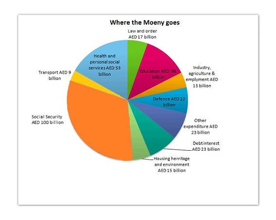 The pie chart gives information on UAE government spending in 2000. The total budget was AED 315 billion.

Summarise the information by selecting and reporting the main features, and make comparisons where relevant.