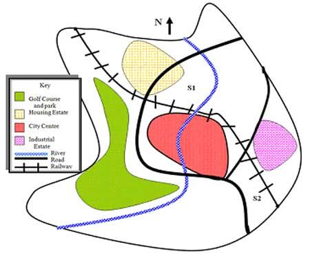 The map below shows two potential locations for a shopping mall in the city of Brandfield.

Summarize the information by selecting and reporting the main features and make comparisons where relevant.