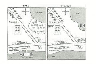 The maps below show the development of a seaside village between 1995 to present.