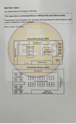 The maps show a university library in 2005 and the same library today. Summarise the information by selecting and reporting the main features, and make comparison where relevant