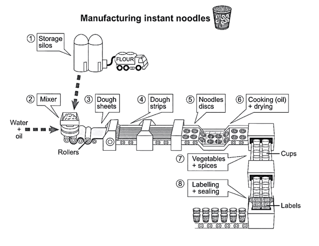 The diagram below shows how instant noodles are manufactured.

Summarise the information by selecting and reporting the main features, and make comparisons where relevant.