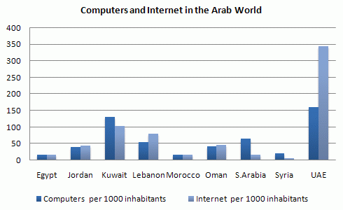 The chart shows striking differences in the level of computer and Internet penetration in the Arab world. Write a report describing the information in the graph below.