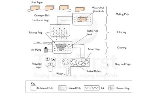 Task 1: The diagram illustrates how recycled paper is made. Summarize the information by selecting and reporting the main features and make comparisons where relevant.