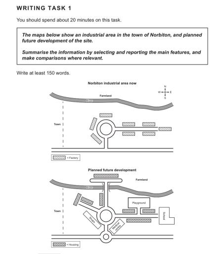 The maps below show an industrial area in the town of Norbiton, and planned future development of the site. Summarise the information by selecting and reporting the main features, and make comparisons where relevant.
