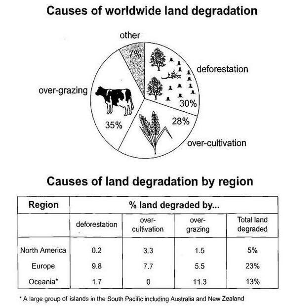 The pie chart illustrates the principle reasons behind the worldwide land degradation, whilst the table chart represents the main causes which led to the aforementioned issue by region in the 1990s. Overall, over-grazing was the main cause of agricultural land degradation, while European region was the one mostly affected by this issue. Looking in closer detail at the pie chart, it can be clearly seen that over grazing is the leading factor of land degradation trough the world with a frequency of 35%. It comes after the deforestation issue which represents 30% and the over cultivation with 28%. However, a minority of other reasons are still responsible in this environmental disease. Moreover, the table chart highlights the fact that Europe is the most devasted land comparing to Oceania and north America with worth 23% . The main cause is deforestation representing a portion of 9.8% . Oceania follows the word wide trend with over grazing as a first cause of land degradation. Finally, north America is clearly the less polluted country with 5% of land destructed.