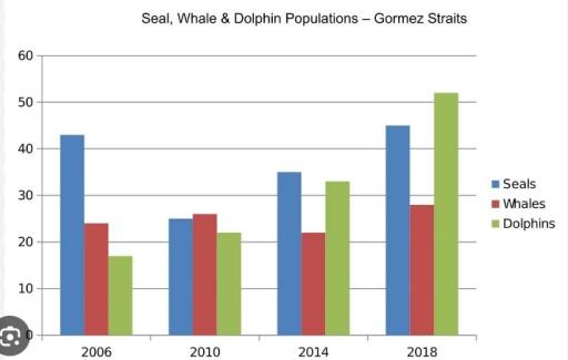 task 1

The bar chart below shows numbers of seals, whales and dolphins recorded in the Gormez Straits from 2006 to 2018.

Summarise the information by selecting and reporting the main features, and make comparisons where relevant.