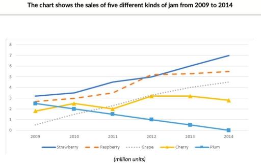 The chart shows the sales of five different kinds of jam from 2009 to 2014. Summarize the information by selecting and reporting the main features, and make comparisons where relevant.