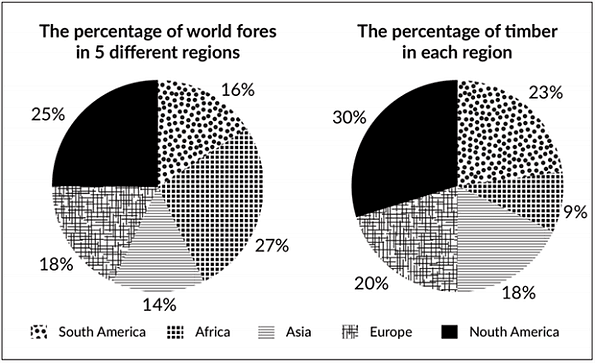 The charts give information about world forest in five different regions.