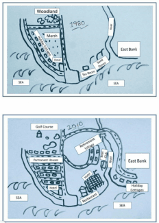 The diagrams below show the costal village of Seaville in 1980 and 2010. Summarise the information by selecting and reporting the main features and make comparison where relevant.