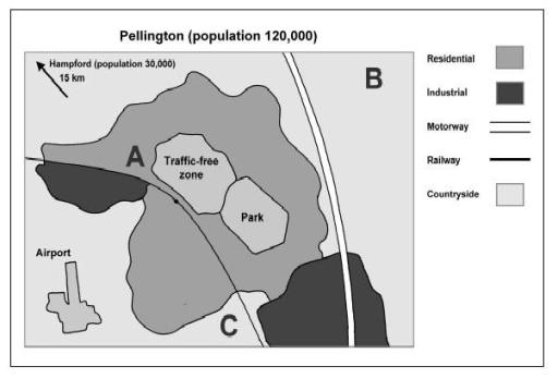 The map below shows three proposed sites for a new supermarket (A, B and c) in the city of Ellington. Summarise the information by selecting and reporting the main features, and make comparisons where relevant.