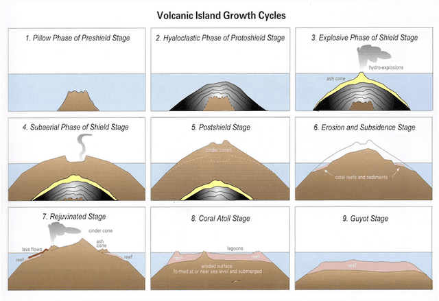 The diagram shows the growth cycle of a volcanic island. Write a 150-word report for a university lecturer describing the main features of the cycle.
