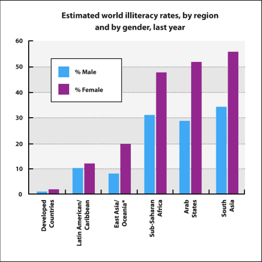 The bar chart below shows estimated world illiteracy rates by region and estimated word iliteracy rates, by region and by gender, last year