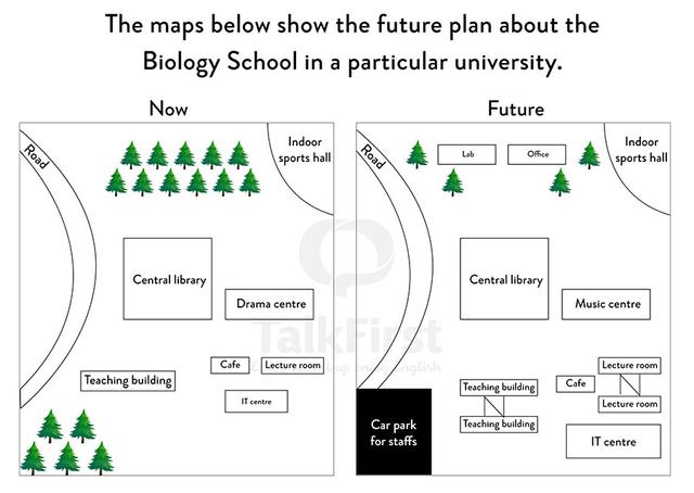 The maps below show the future plan about the Biology School in particular university. Summarize the information by selecting and reporting the main features, and make comparisons where relevant.