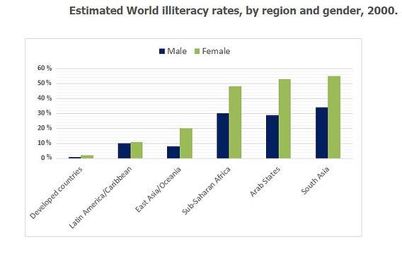 The chart below shows estimated world illiteracy rates by region and by gender for the year 2000. Write a report for a university lecturer describing the information below.